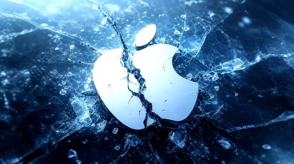 Logo Apple diviso da un ghiaccio che mostra una divisione visibile tra il logo aziendale e l'elemento ghiaccio.