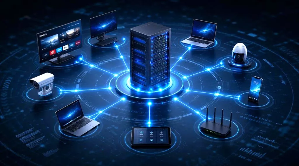 Computer server centrale collegato a laptop, smart tv, smartphone e telecamere in prospettiva tecnologica che simula una botnet.