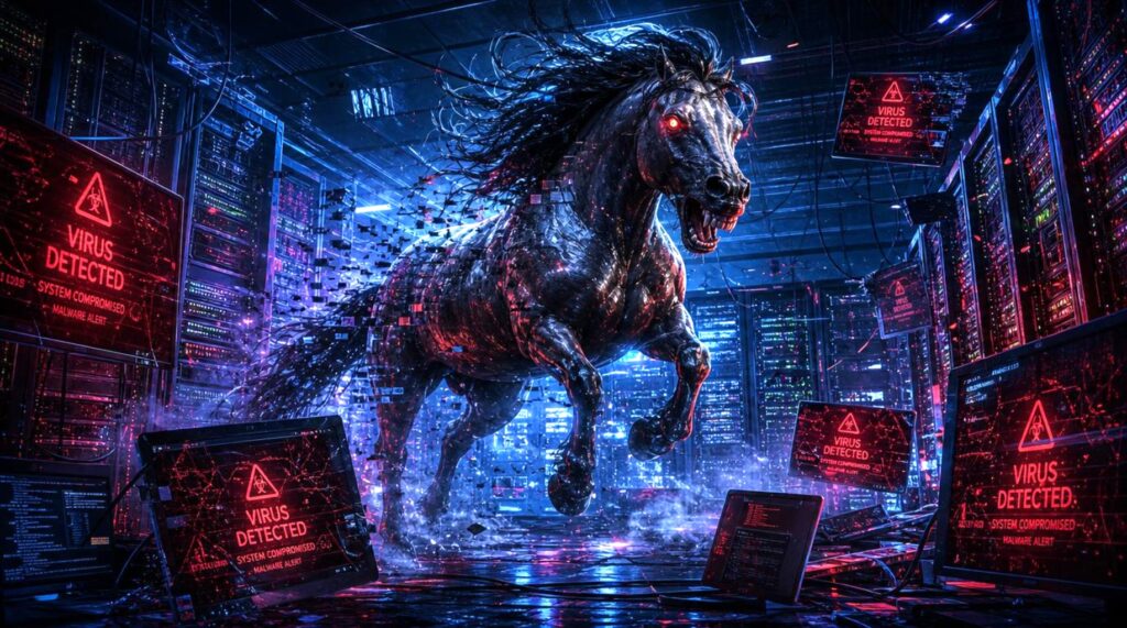 Cavallo imbizzarrito nel datacenter con simbolo trojan rat, rappresentando un attacco informatico avanzato da parte di criminali utilizzando IA per selezionare target.