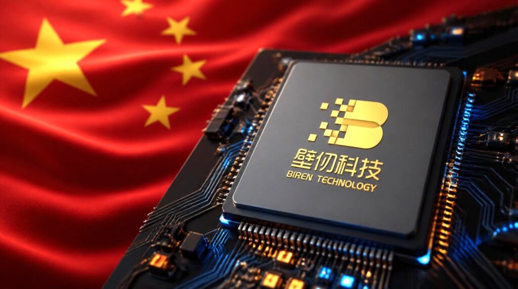 Chip grigio della Biren Technology con logo dorato sul supernode fotonico, sfondo con bandiera cinese