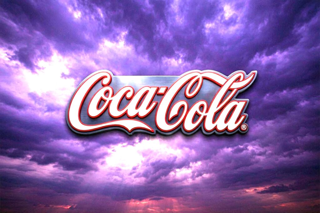 Coca-Cola al centro di nuvole viola con luce intensa, simbolo di panico nel settore latte a causa di attacchi hacker