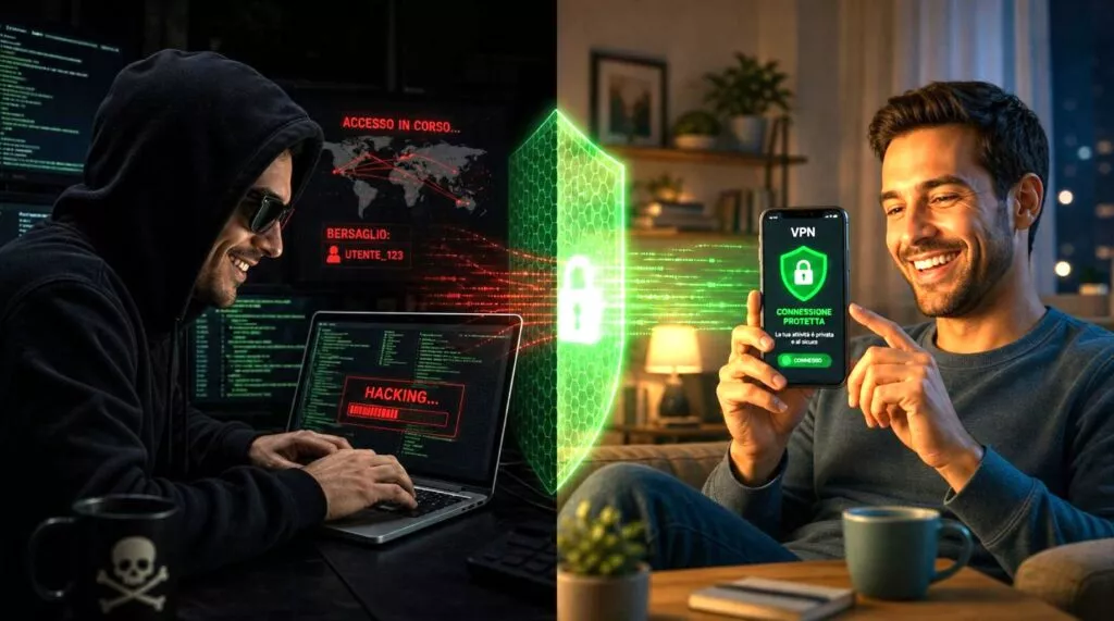 Un criminale informatico con felpa e occhiali da sole sorride maliziosamente mentre hacka qualcuno al suo laptop. A destra, una persona felice utilizza un smartphone con VPN verde attivo.