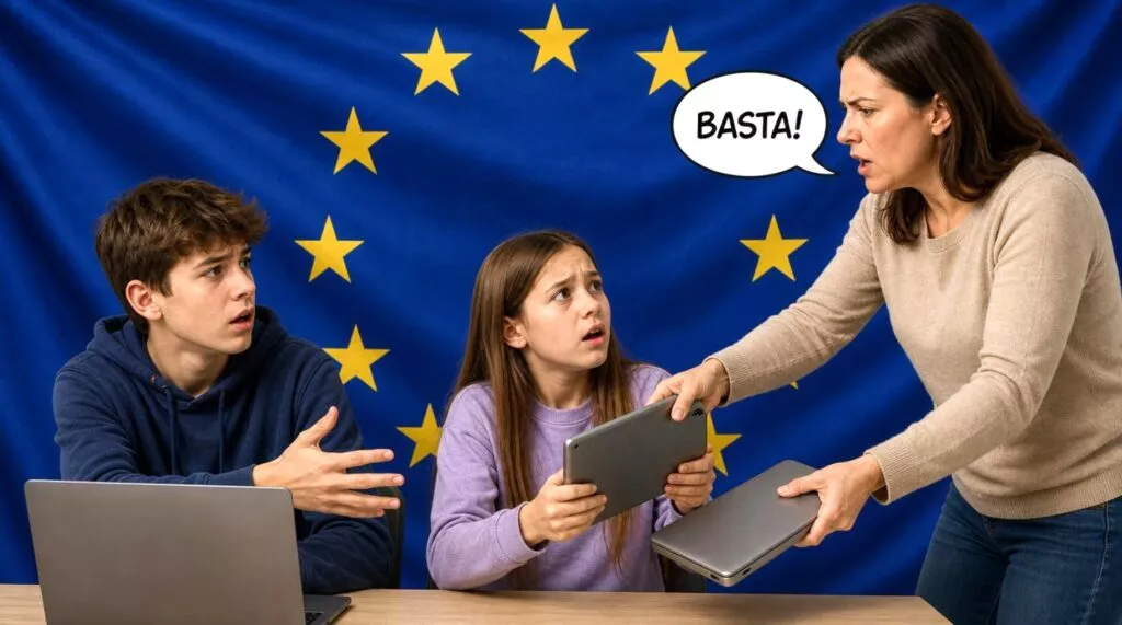 Due ragazzi seduti sui social network, mamma li sta rimproverando dicendo basta per la loro uso eccessivo di internet.