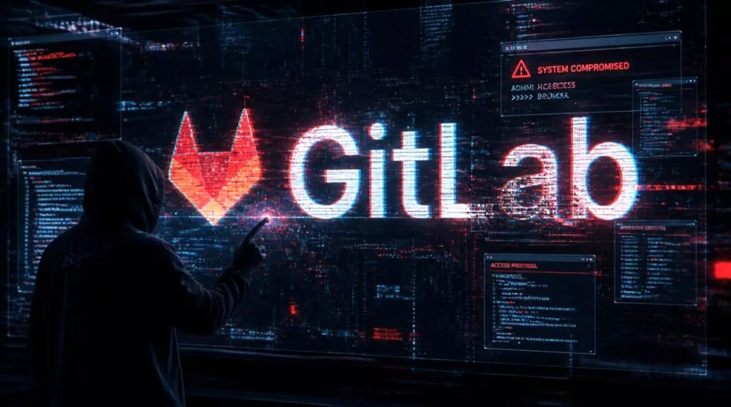 Un uomo in nero guarda uno schermo con sopra il logo di GitLab molto scuro e con glitch
