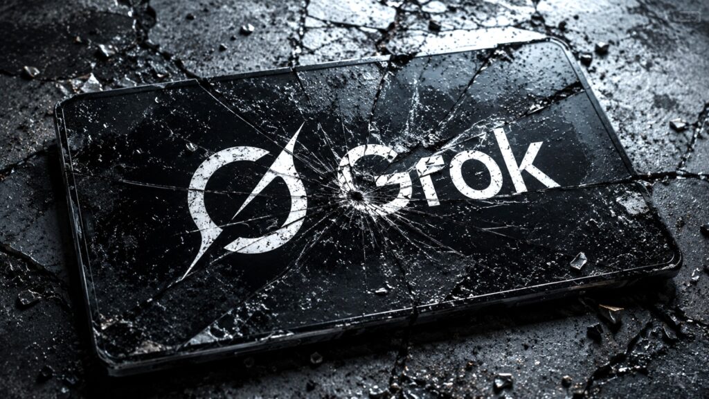 Logo del chatbot Grok visualizzato sul monitor di un laptop con vetro rotto, riferimento alla crisi di fiducia sulle AI Cloud e alla mancanza di consenso nel caricamento di repository.