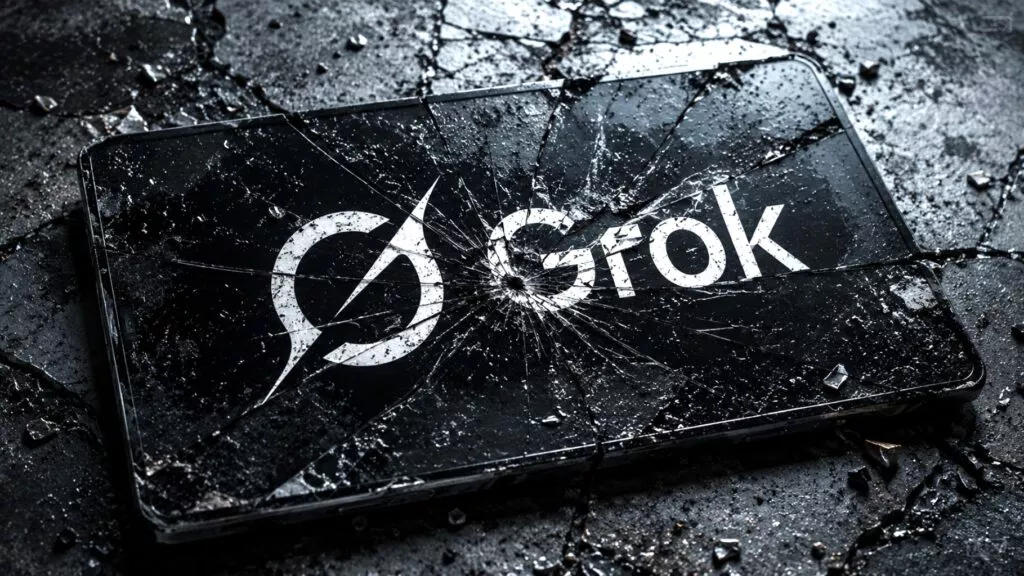 Logo del chatbot Grok visualizzato sul monitor di un laptop con vetro rotto, riferimento alla crisi di fiducia sulle AI Cloud e alla mancanza di consenso nel caricamento di repository.