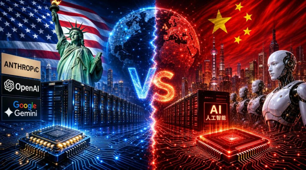 Illustrazione comparativa tra bandiera americana con statua della libertà e datacenter di OpenAI, Google Gemini e Anthropic contro bandiera cinese con robot umanoidi e intelligenza artificiale, evocando conflitto tecnologico tra USA e Cina.
