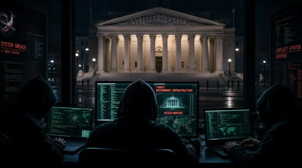 Un hacker nascosto in un laboratorio futurista con schermi di reti e codice, utilizza algoritmi AI per attaccare infrastrutture governative di Thailand, con server attivi e luce neon.