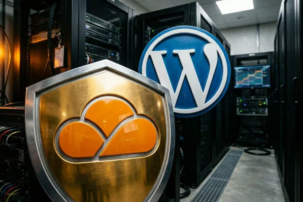 Chiaro scatto di mani di un hacker che digita sul keyboard davanti a un monitor con dashboard WordPress, con fondo di stanza server con luci che lampeggiano e cavi, hint del logo Cloudflare su un server.