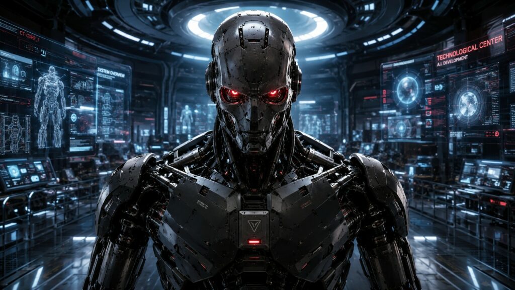 un robot androide oscuro con minacciosi occhi rossi luminosi domina la scena, immerso in un laboratorio tecnologico futuristico pieno di schermi digitali e diagrammi olografici.