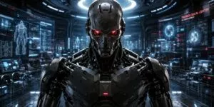 un robot androide oscuro con minacciosi occhi rossi luminosi domina la scena, immerso in un laboratorio tecnologico futuristico pieno di schermi digitali e diagrammi olografici.