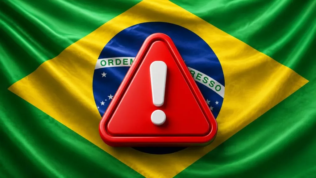 Un segnale di pericolo triangolare rosso con un punto esclamativo bianco in 3D è posizionato al centro di una bandiera brasiliana ondulata.