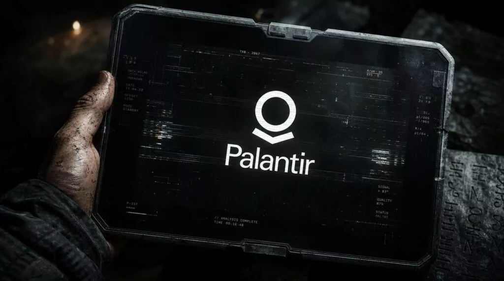 Una mano sporca tiene un tablet robusto che mostra il logo Palantir su uno schermo scuro con dati e glitch.
