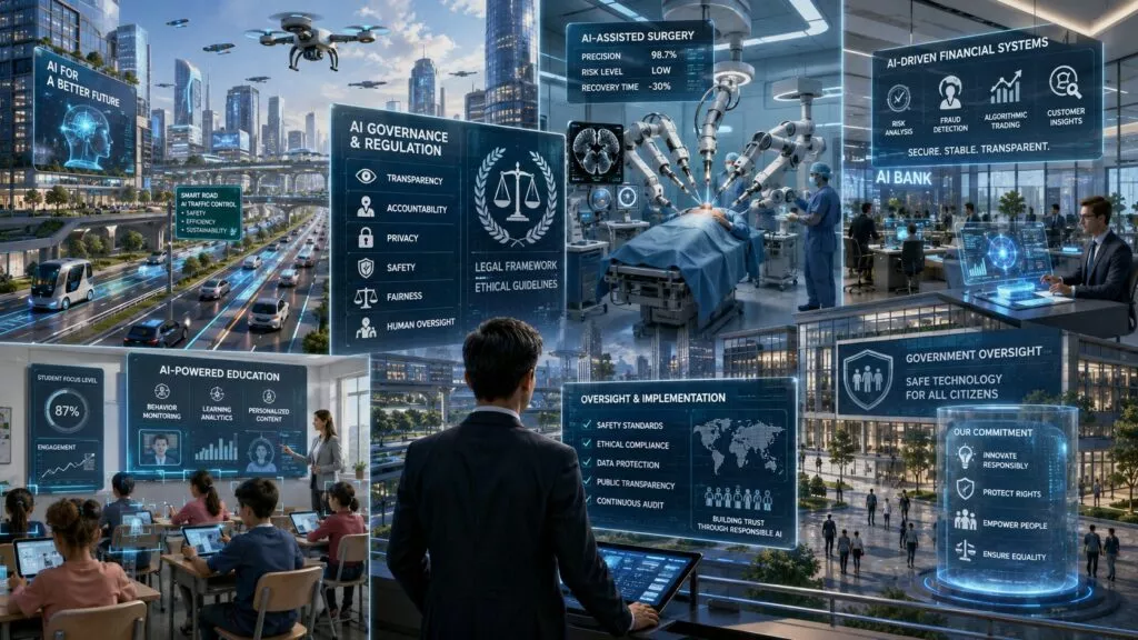 Un collage futuristico mostra l'applicazione dell'intelligenza artificiale in medicina, istruzione, finanza, trasporti e governance sotto la supervisione di un uomo.