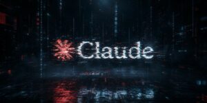Il logo di Anthropic Claude e il simbolo dell'asterisco si formano da uno sfondo a codice binario futuristico e scintillante con glitch digitale.