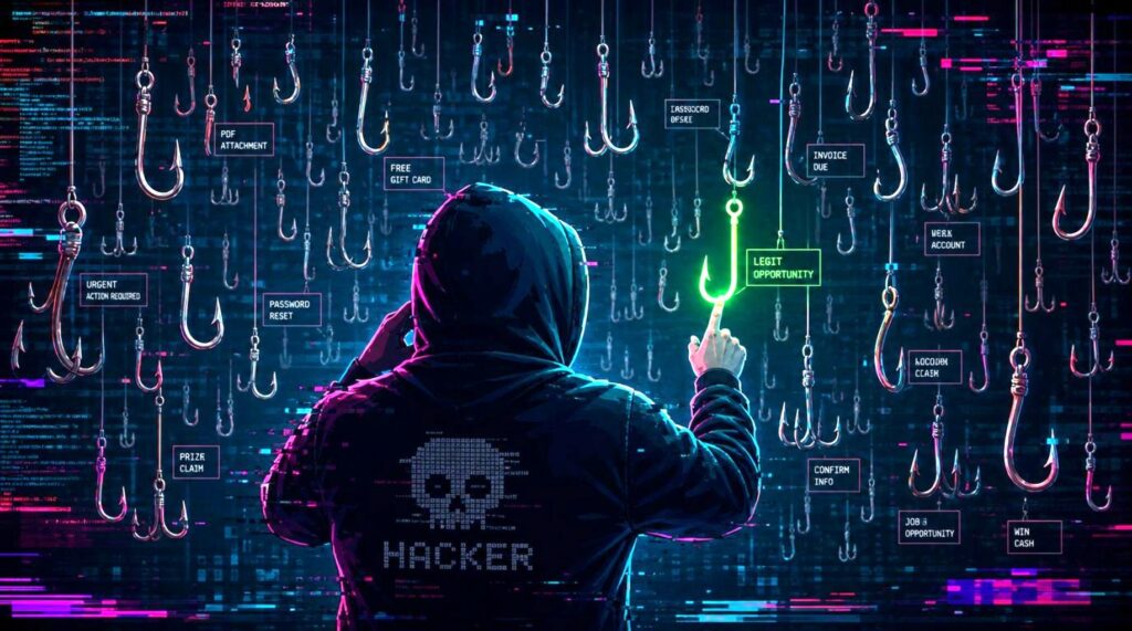 Hacker con felpa tocca amo verde con scritta "LEGIT OPPORTUNITY" in un mare di esche da phishing digitali