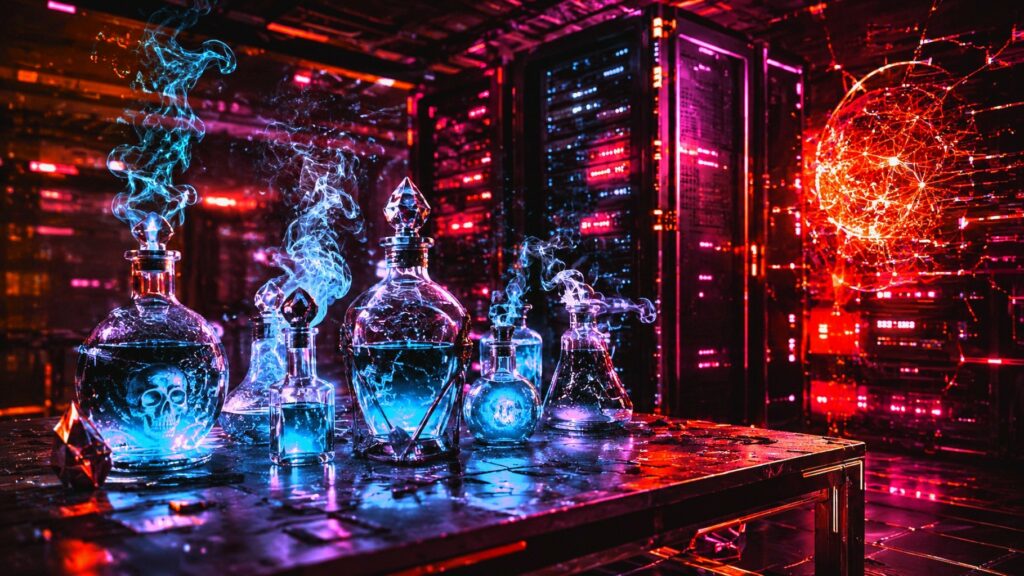 Boccette di pozioni con fumo blu e teschio, su tavolo metallico, data center scuro con server rack rossi e rete dati.