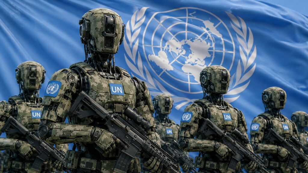 dei robot militari con i caschi blu dell'onu