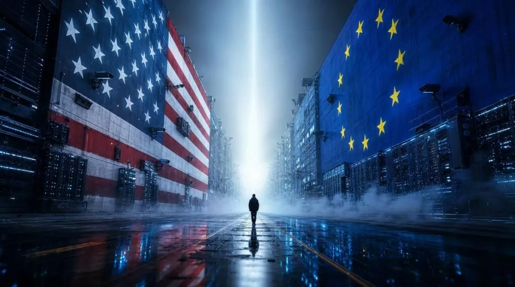 Una figura cammina tra enormi pareti di server con bandiere USA e UE, sotto un raggio di luce centrale, su un pavimento bagnato.
