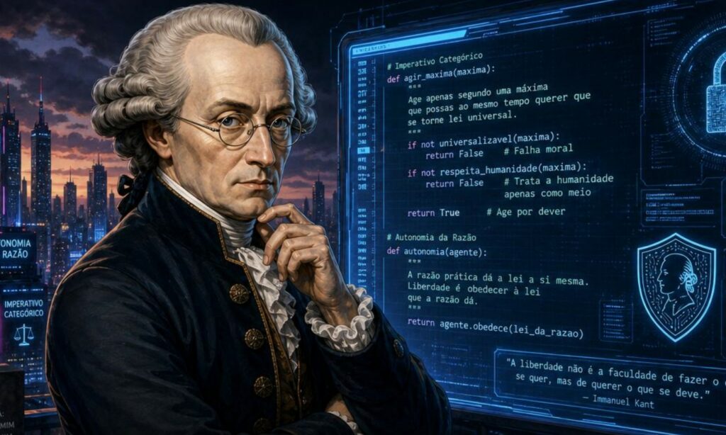 Immanuel Kant in abiti classici osserva uno schermo futuristico blu contenente codice di programmazione dedicato alla sua celebre filosofia morale.