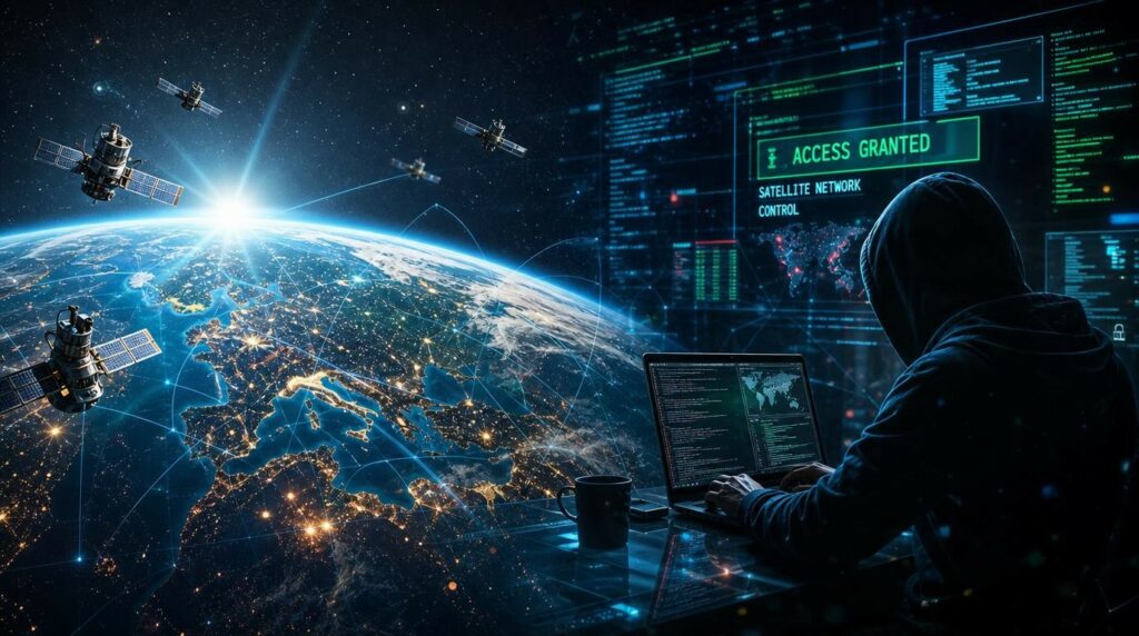Un hacker con cappuccio di spalle, al computer, manipola satelliti spaziali collegati da fasci di dati luminosi sopra la Terra.