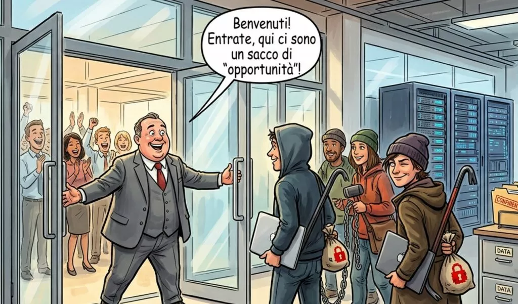 una vignetta dove ci sono una serie di hacker che entrano dentro un ufficio mentre il CEO gli sta dando il Benvenuto