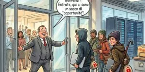 una vignetta dove ci sono una serie di hacker che entrano dentro un ufficio mentre il CEO gli sta dando il Benvenuto