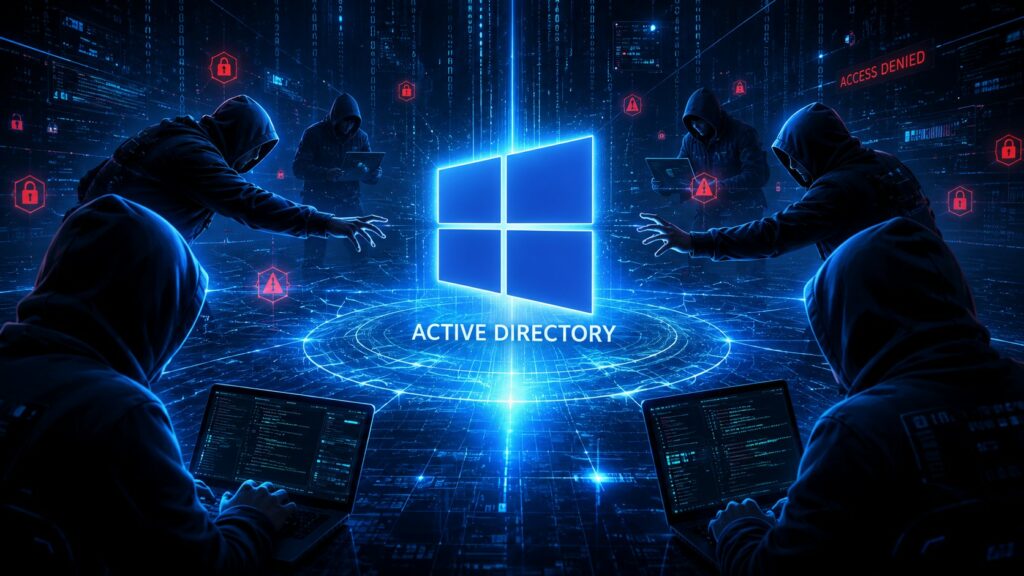 Hacker incappucciati circondano il logo Windows luminoso con la scritta "Active Directory", in un ambiente cybernatico pieno di codici e lucchetti.