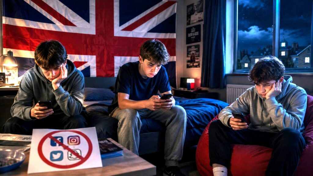 tre ragazzi dentro una camera da letto che stanno ogniumo al proprio smartphone e sono tristi perchè gli hanno tolto i social network. Dalla finestra si vede che è notte. Sullo sfondo della parete la bandiera della gran bretagna
