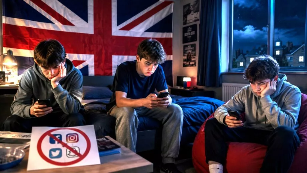 tre ragazzi dentro una camera da letto che stanno ogniumo al proprio smartphone e sono tristi perchè gli hanno tolto i social network. Dalla finestra si vede che è notte. Sullo sfondo della parete la bandiera della gran bretagna