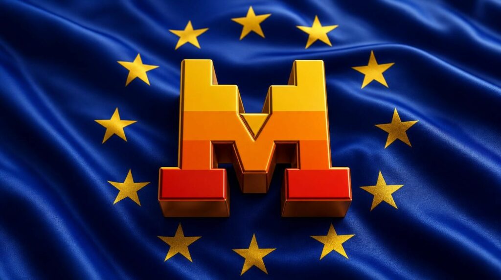 Un logo tridimensionale di Mistral sfumato dal giallo al rosso, posizionato sopra la bandiera della Unione Europea ondulata.