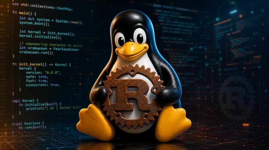 Il pinguino di linux, Tux, tiene in mano il logo di rust sorridendo. sullo sfondo del codice sorgente.