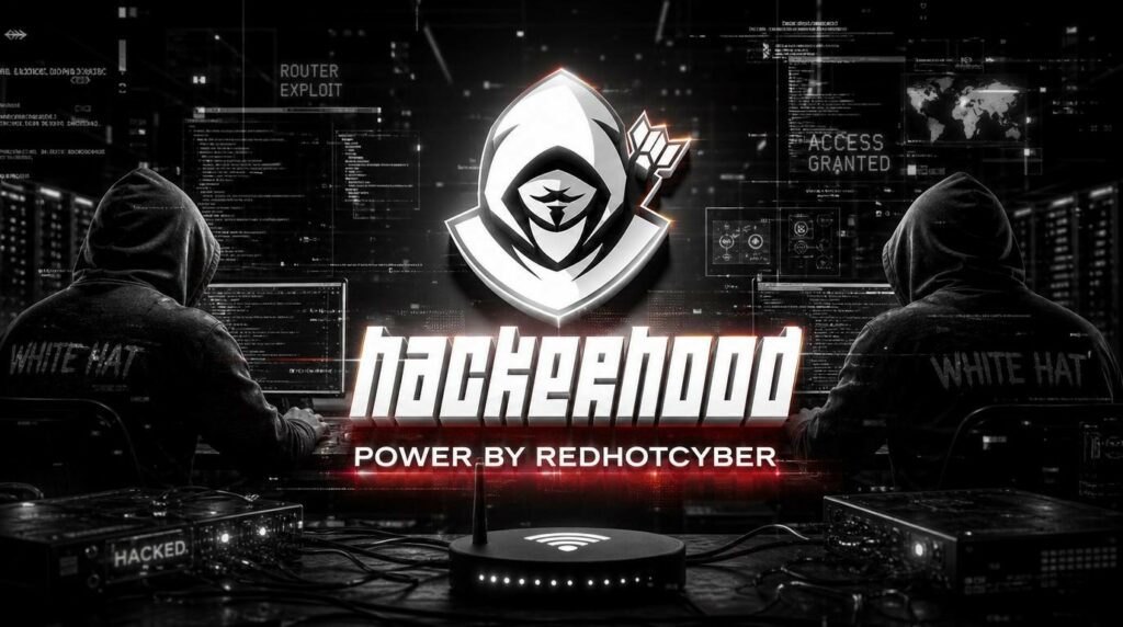 Grafica a tema cybersecurity raffigurante due hacker white hat davanti ai monitor, un router compromesso e il logo centrale Hackerhood.