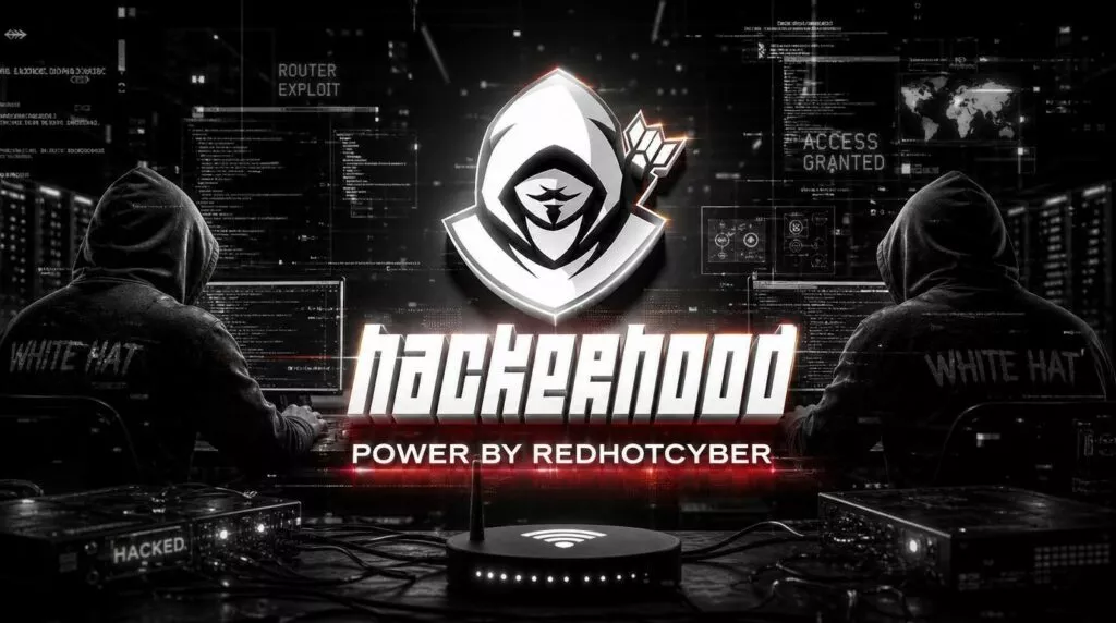 Grafica a tema cybersecurity raffigurante due hacker white hat davanti ai monitor, un router compromesso e il logo centrale Hackerhood.