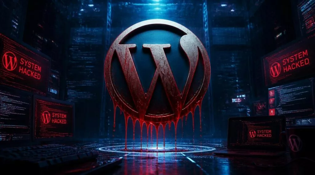 il logo di wordpress al centro che gocciola sangue. Atmosfera tecnologica, cyber, bella immagine prospettiva, hacking. colore, luce