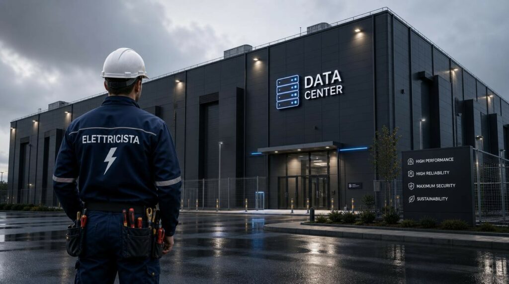 un datacenter visto dfa lontano e in primo piano un elettricista in piedi vestito in tuta.