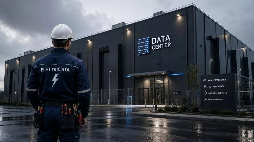 un datacenter visto dfa lontano e in primo piano un elettricista in piedi vestito in tuta.