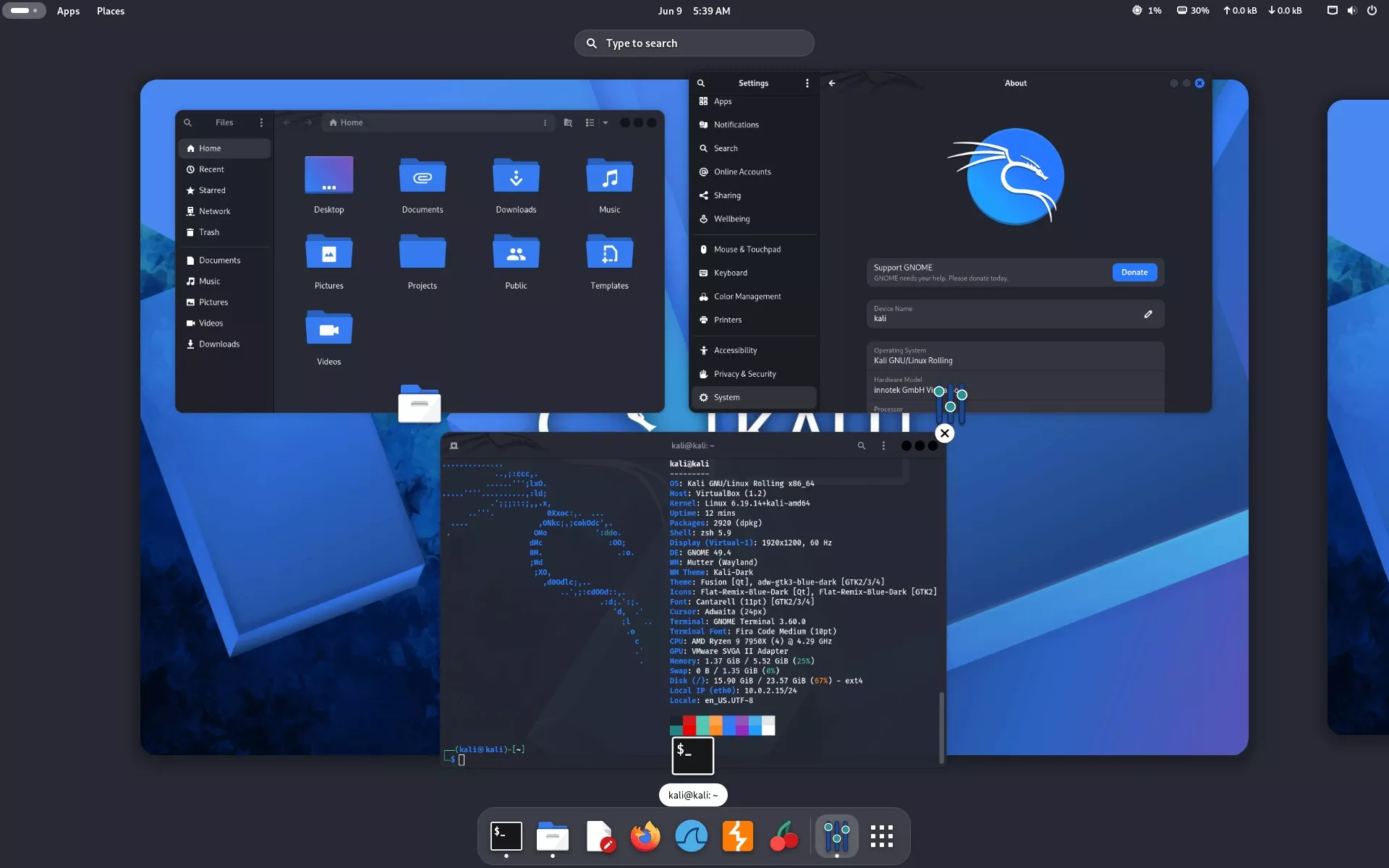 Schermo computer con interfaccia Kali Linux, multiple finestre aperte, colori blu e nero