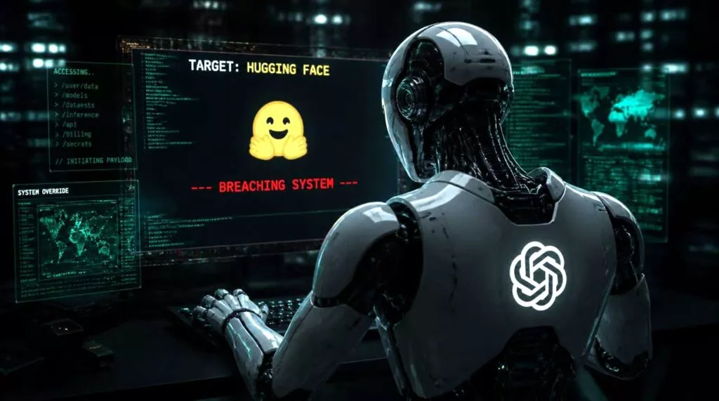 Laboratorio futurista con ricercatore in giacca bianca che lavora su terminal, schermi con codice complesso e visualizzazioni di dati, server con luce lampeggiante, ambiente sterile moderno.