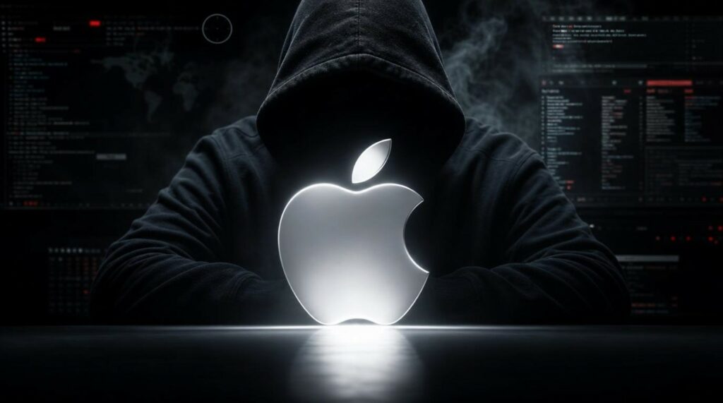 Logo Apple al centro in argento luminoso con sfondo di hacker indossando cappuccio nero, immagine evocativa di sicurezza informatica.