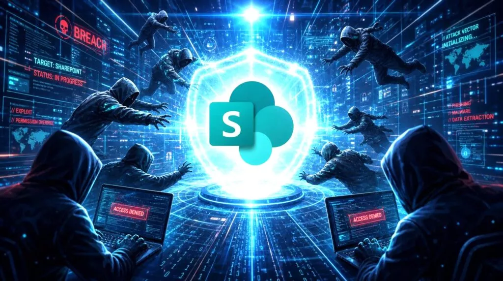 Hacker attaccano il logo Microsoft SharePoint per exploitare un vulnerabilità RCE, atmosfera cyber con luce intensa e tecnologia.