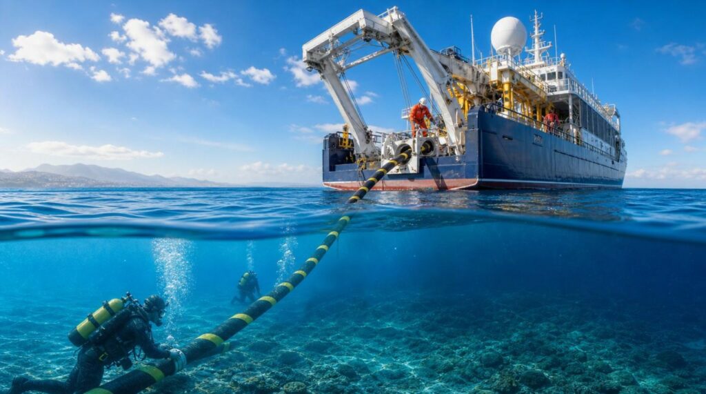 Nave posacavi sta riparando un cavo sottomarino