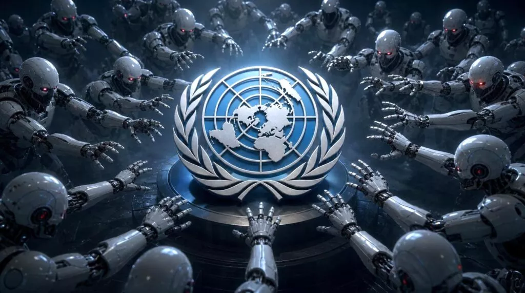 Logo dell'ONU in 3D al centro con numerosi robot umanoidi che cercano di prenderlo