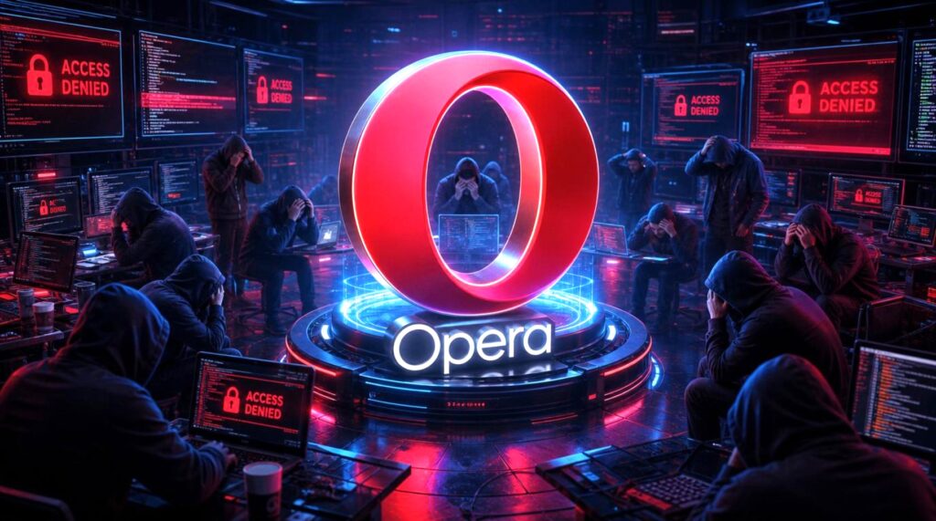 Logo Opera al centro circondato da hacker delusi che non riescono ad hackerarlo.