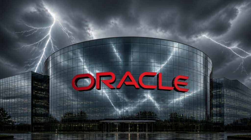 Palazzo a vetri di Oracle con logo centrale, cielo grigio con fulmini e saette riflette su vetri, 1449 bug di sicurezza rilevati.