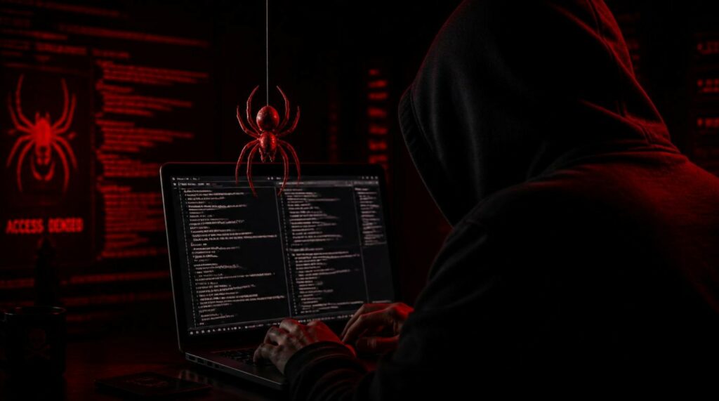 Un ragno robotico rosso minaccioso scende verso un computer dove un hacker sta programmando con un mouse.