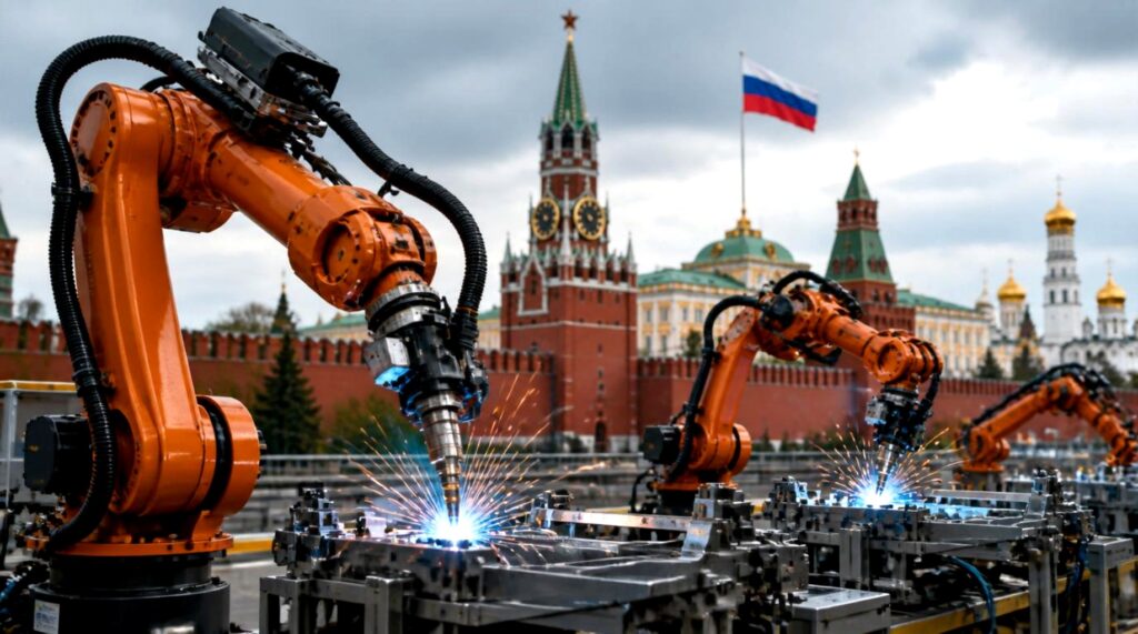 Robot industriali di produzione estera posati davanti al Cremlino in Russia, evidenziando la dipendenza tecnologica e la ricerca di sovranità tecnologica robotica per il paese.
