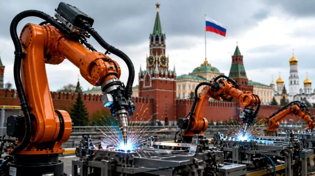 Robot industriali di produzione estera posati davanti al Cremlino in Russia, evidenziando la dipendenza tecnologica e la ricerca di sovranità tecnologica robotica per il paese.