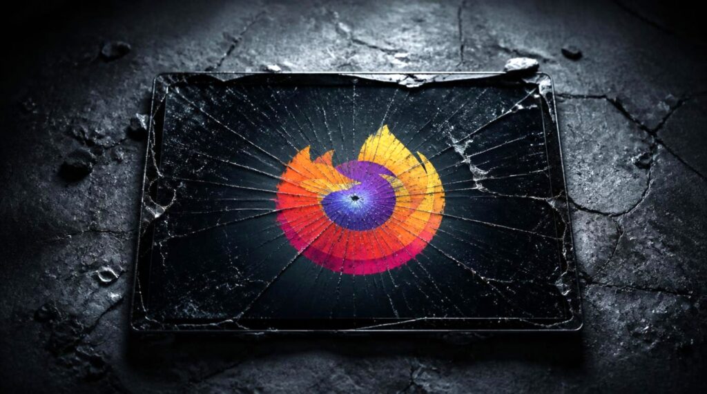 Palmare con vetro spaccato mostrando il browser Firefox che permette l'hacking completo di Android con un clic.